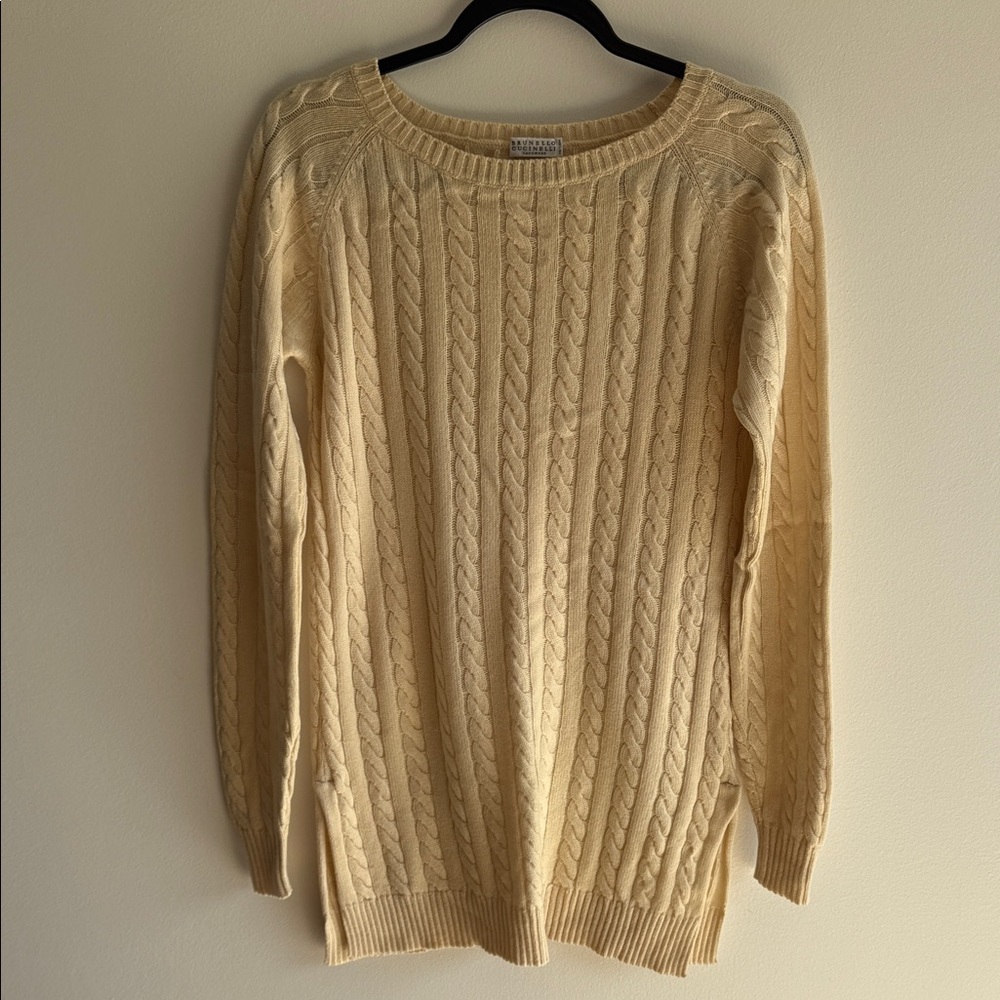 Brunello Cucinelli beige or ivory cable knit tunic sweater